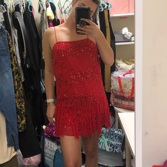 red fringe mini dress